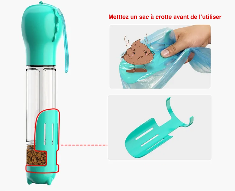 3 en 1 Bouteille d'eau portable, distributeur de nourriture et distributeur de sachets à excréments pour animaux de compagnie (300/500ml)