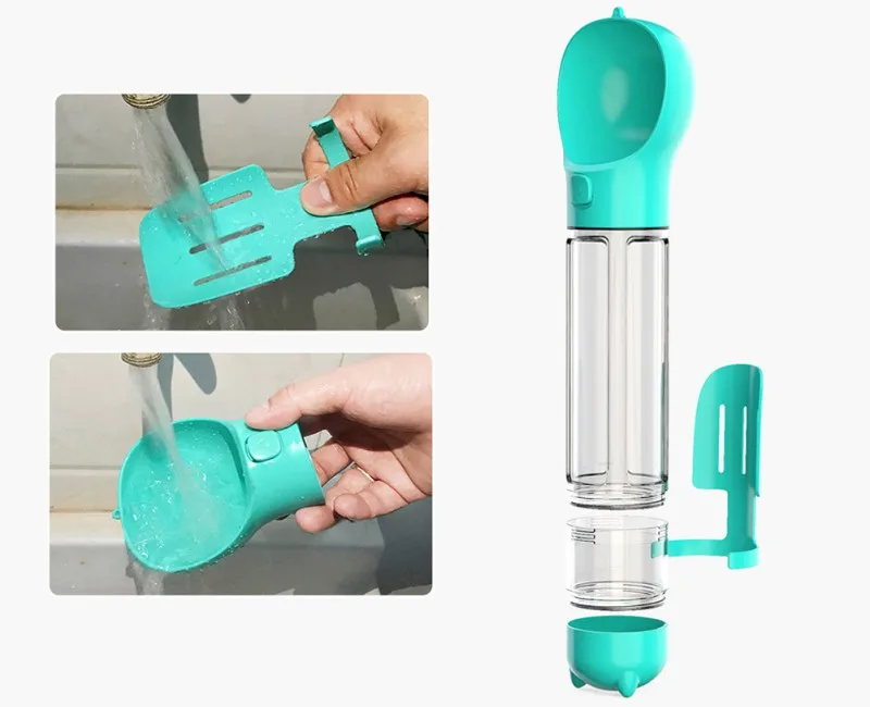 3 en 1 Bouteille d'eau portable, distributeur de nourriture et distributeur de sachets à excréments pour animaux de compagnie (300/500ml)